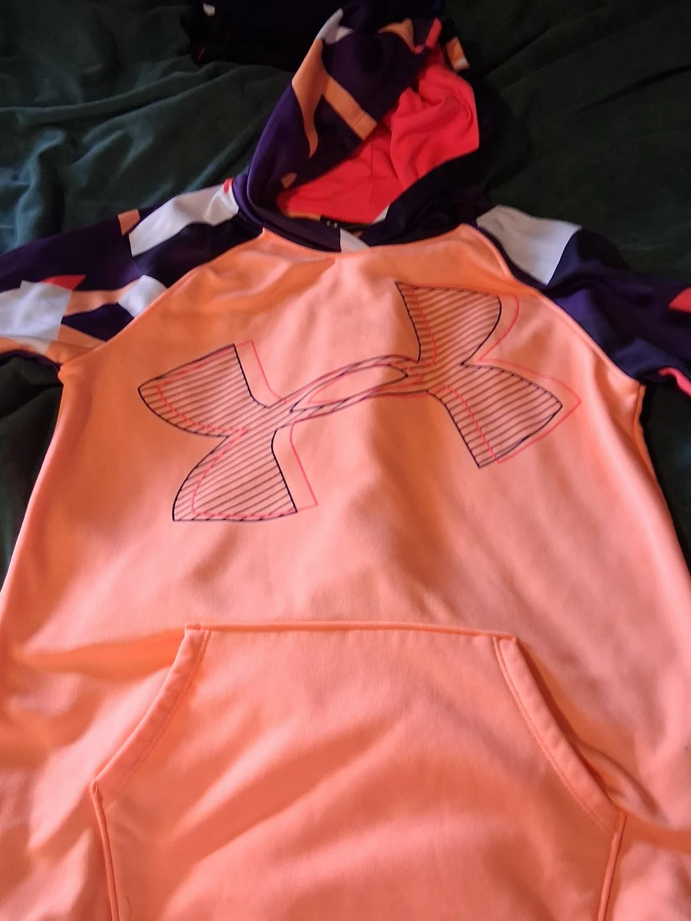 Under Armour Coral Pullover Hoodie with Navy Patterned Sleeves